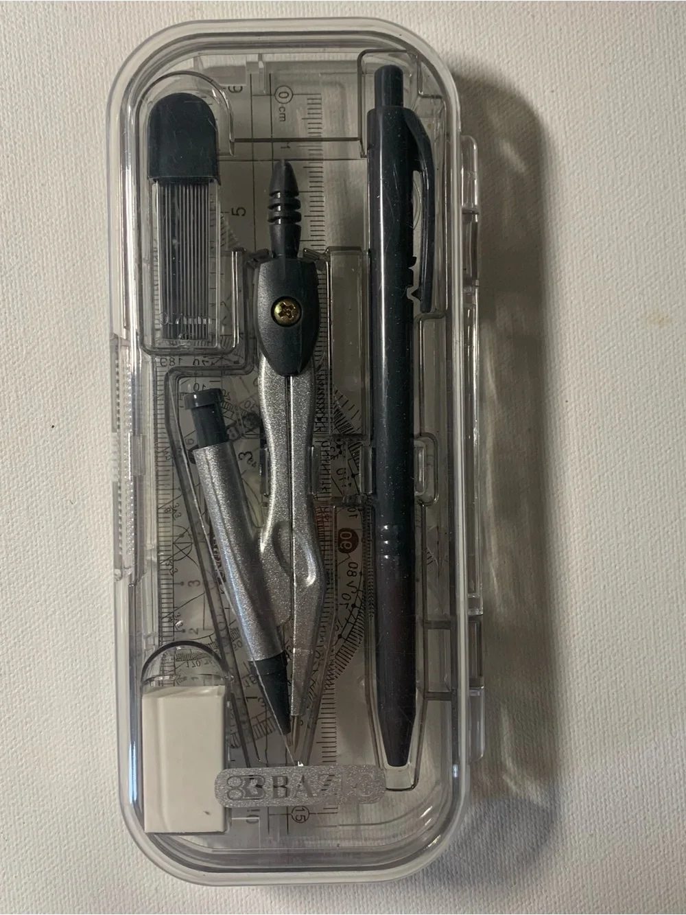 Bazic geometry set with ruler, protractor, and pencil